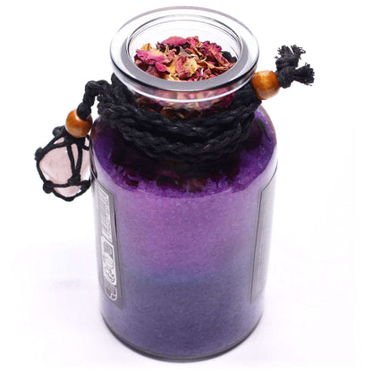 Ancient Witch Love Bath Spell bottle with rose quartz amulet and rose petals