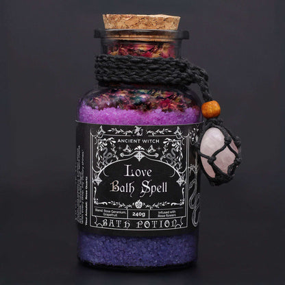 Ancient Witch Love Bath Spell with rose quartz amulet in glass bottle