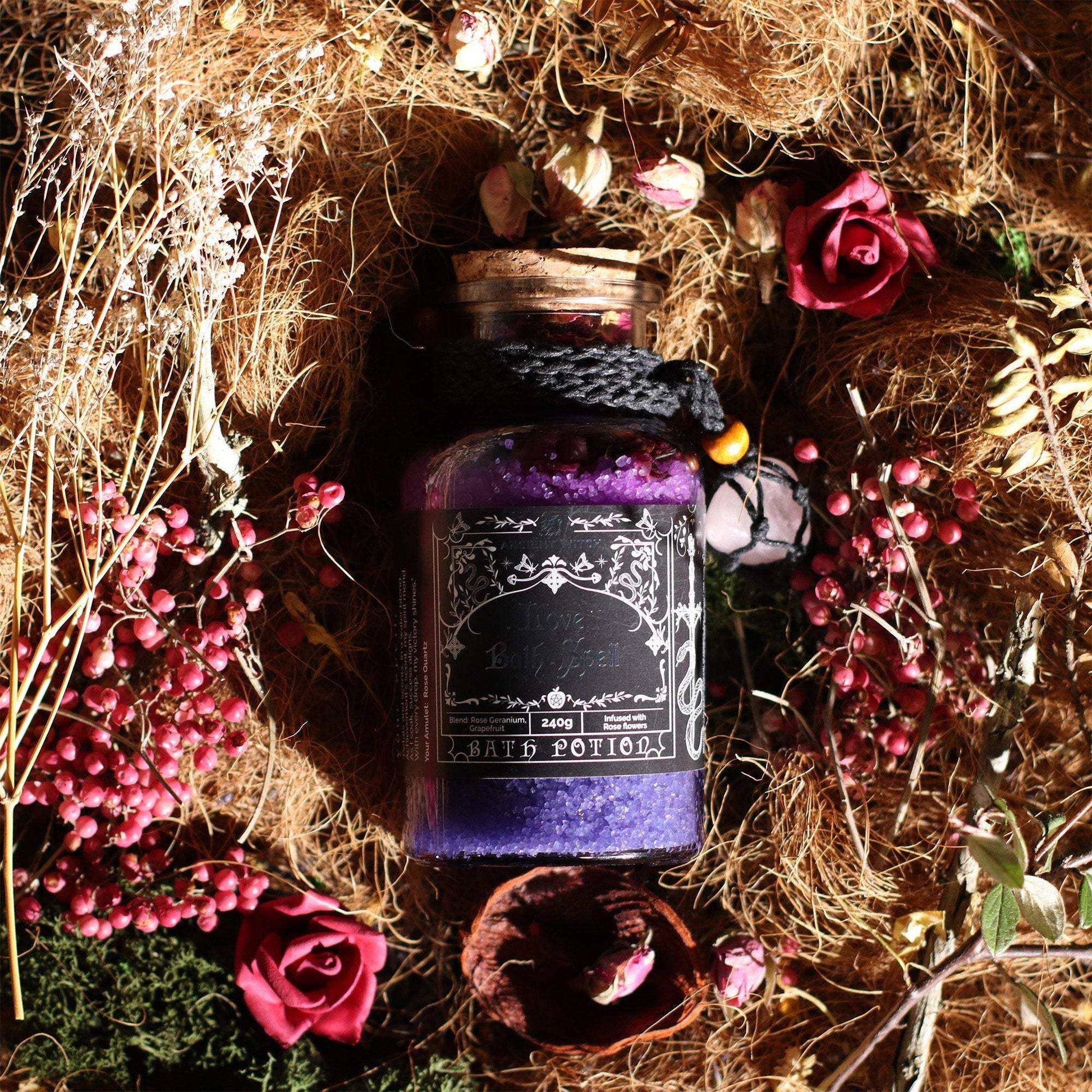 Ancient Witch Love Bath Spell bottle with rose quartz amulet