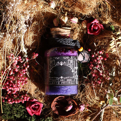 Ancient Witch Love Bath Spell bottle with rose quartz amulet
