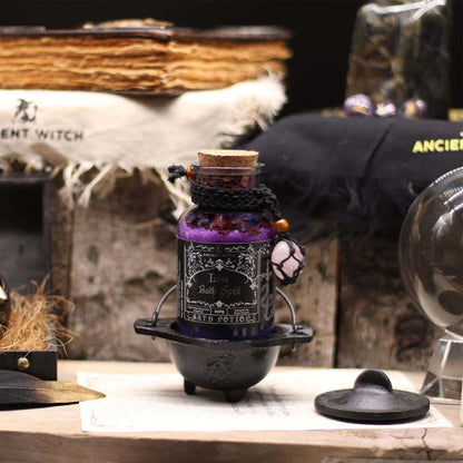 Ancient Witch Love Bath Spell bottle with rose quartz amulet