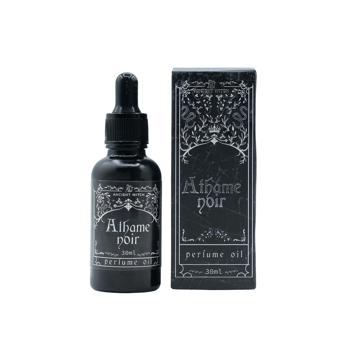 Ancient Witch Perfume Oil - Atheme Noir black plastic bottle with minimalist label on white background