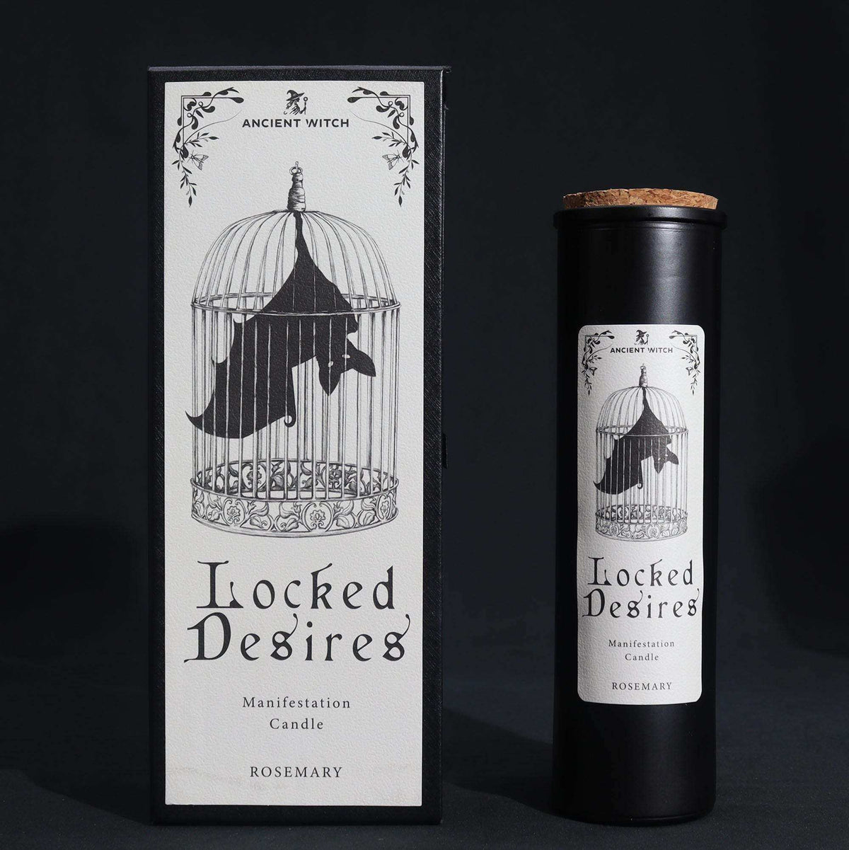 Ancient Witch Ritual Candles black wax manifestation candle with bat in cage design, rosemary scent, in decorative box