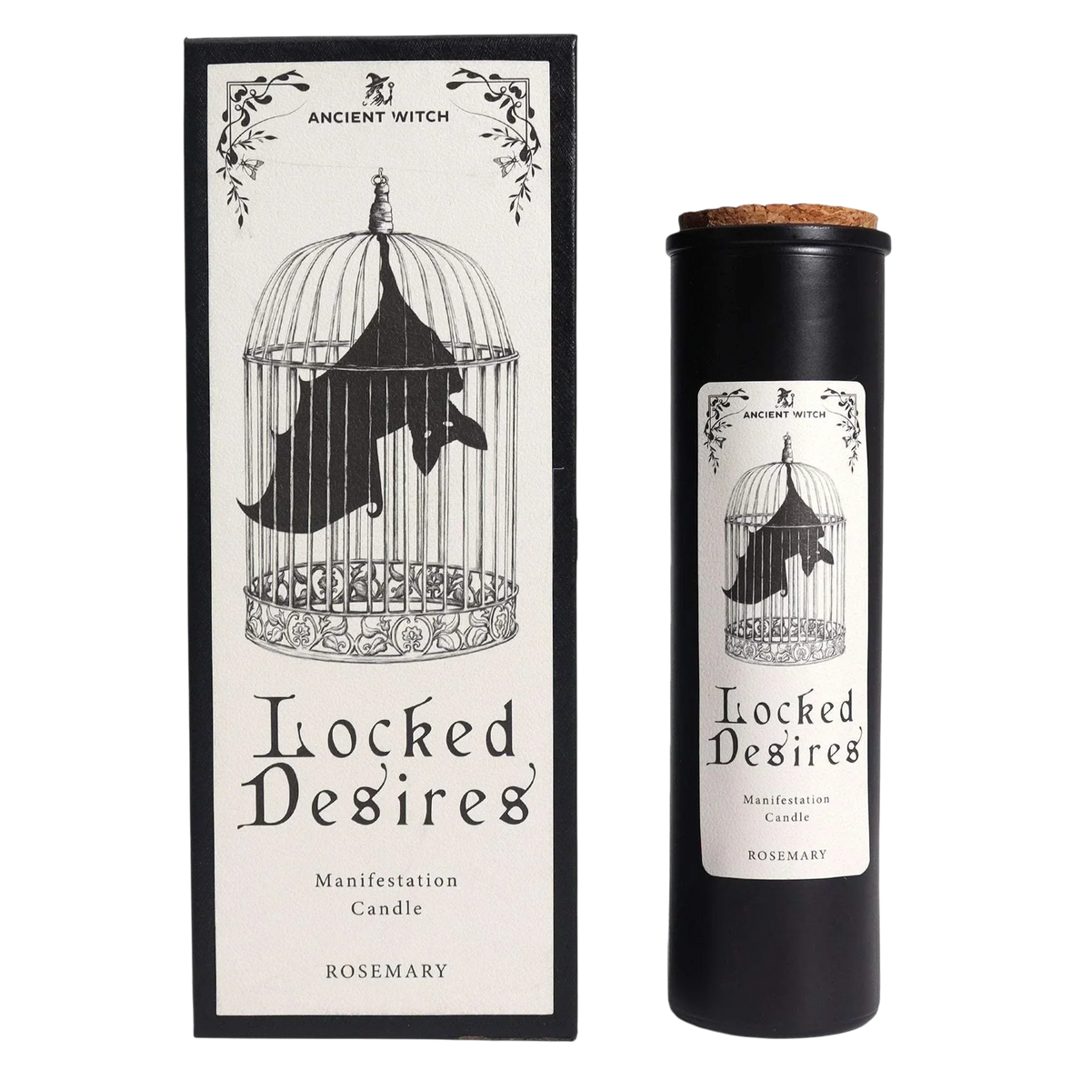 Ancient Witch Ritual Candles black wax manifestation candle with bat in cage design and rosemary scent in decorative box
