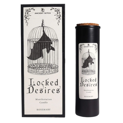 Ancient Witch Ritual Candles black wax manifestation candle with bat in cage design and rosemary scent in decorative box