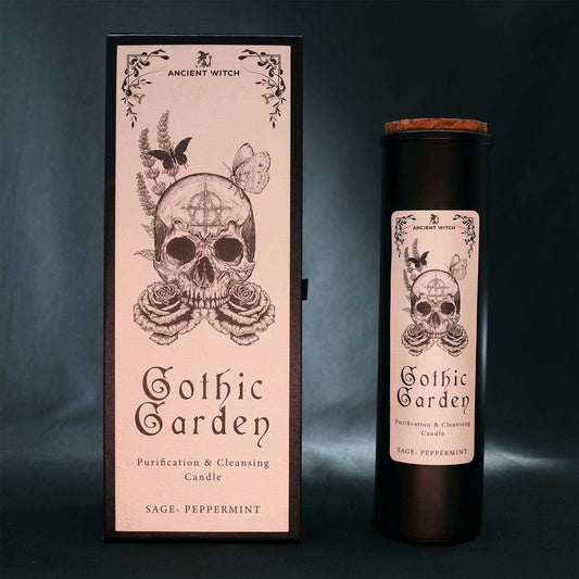 Ancient Witch Ritual Candles - Gothic Garden with skull and roses design in gothic gift box with ritual spell card
