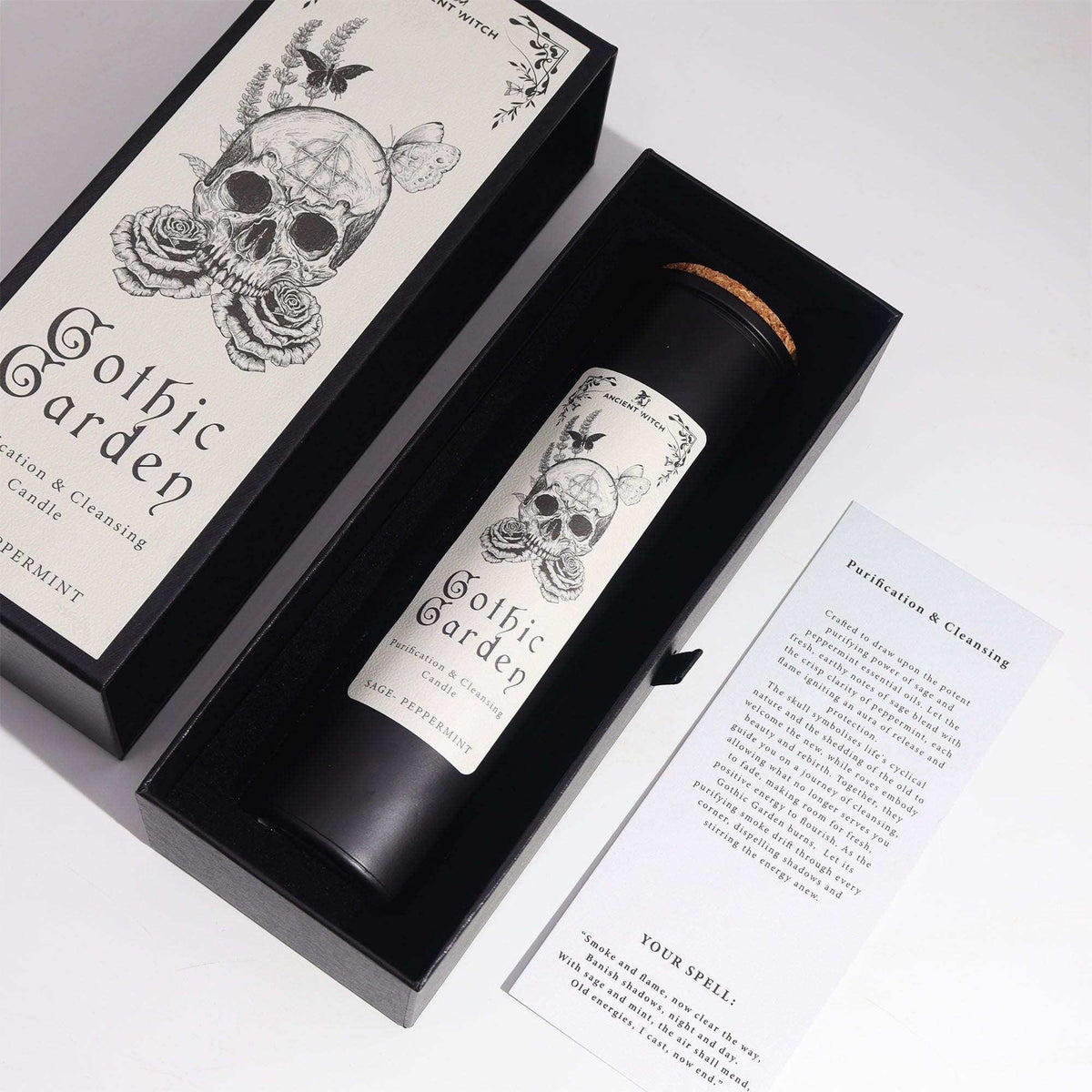 Ancient witch ritual candle - Gothic Garden with skull and roses design in decorative gift box