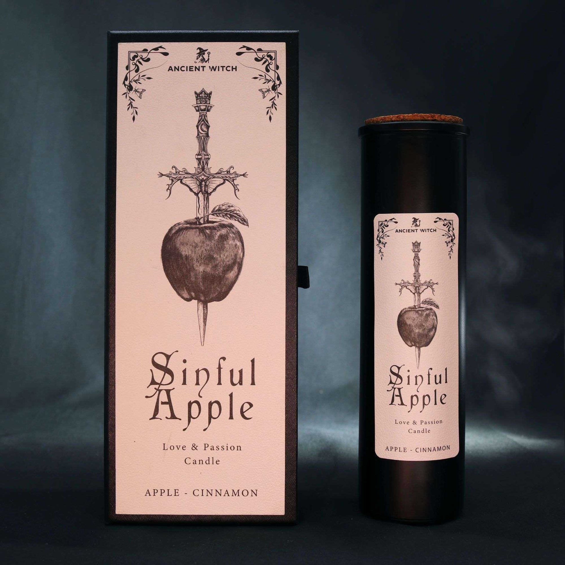 Ancient witch ritual candle with knife through apple design