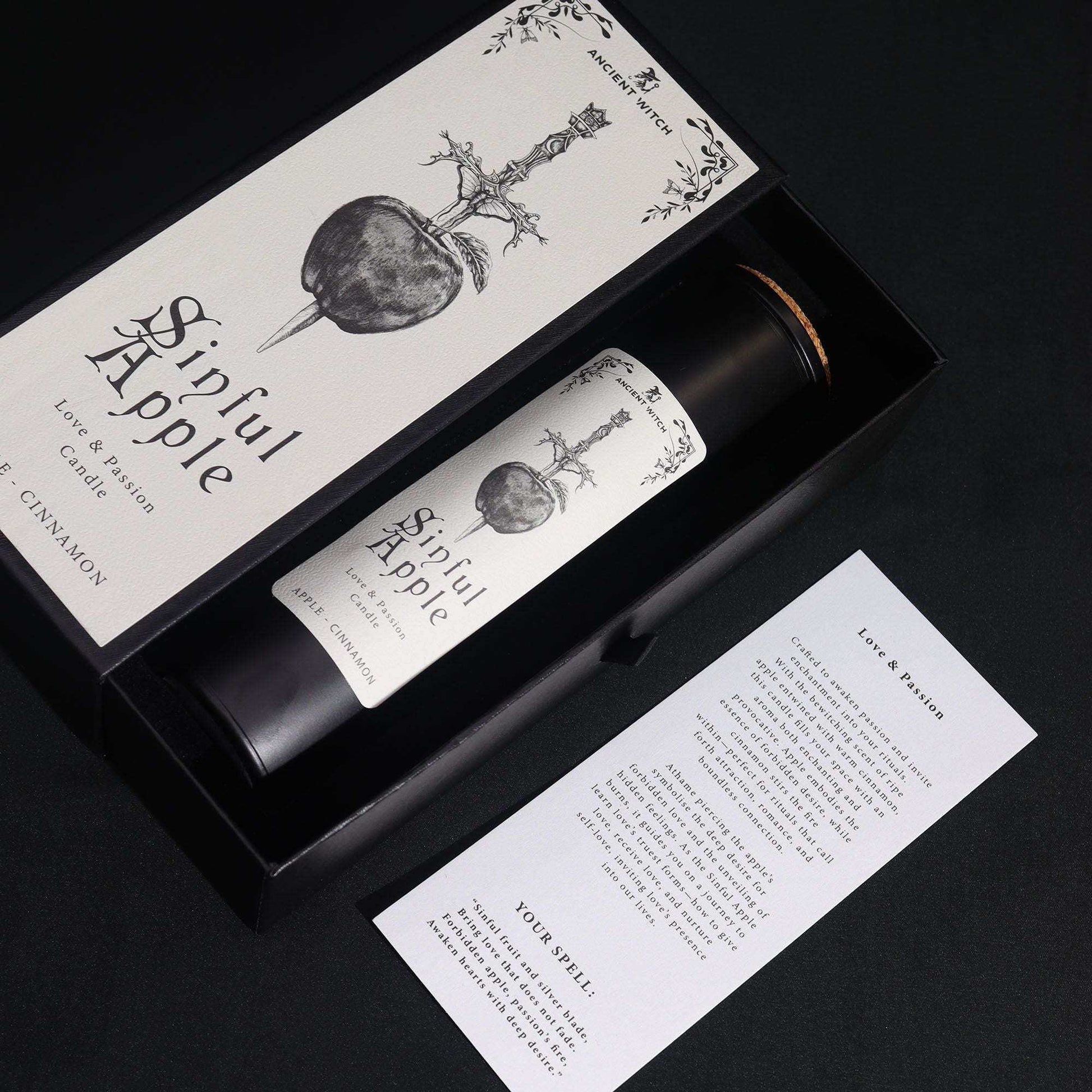 Ancient witch ritual candle with knife and apple design for love spells