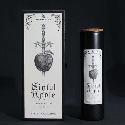 Ancient witch ritual candle with sinful apple design and cinnamon scent
