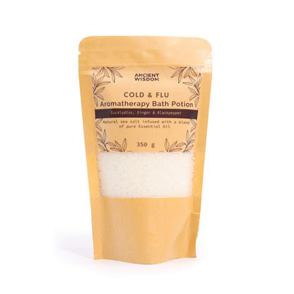 Aromatherapy Bath Potion - Colds & Flu in 350g kraft paper bag with clear window showing white sea salt infused with essential oils