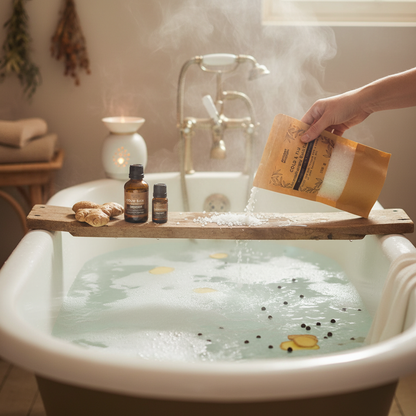 Aromatherapy Bath Potion - Colds & Flu in kraft bag being poured into a steaming bathtub with essential oils and ginger on a wooden bath tray