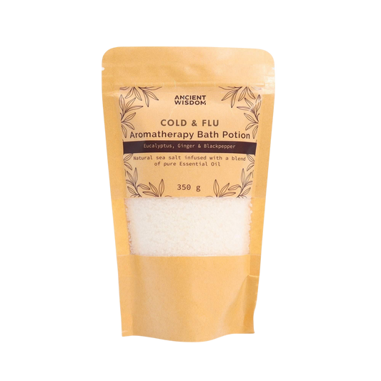 Aromatherapy Bath Potion - Colds & Flu in kraft paper bag with natural sea salt and essential oil blend for respiratory wellness