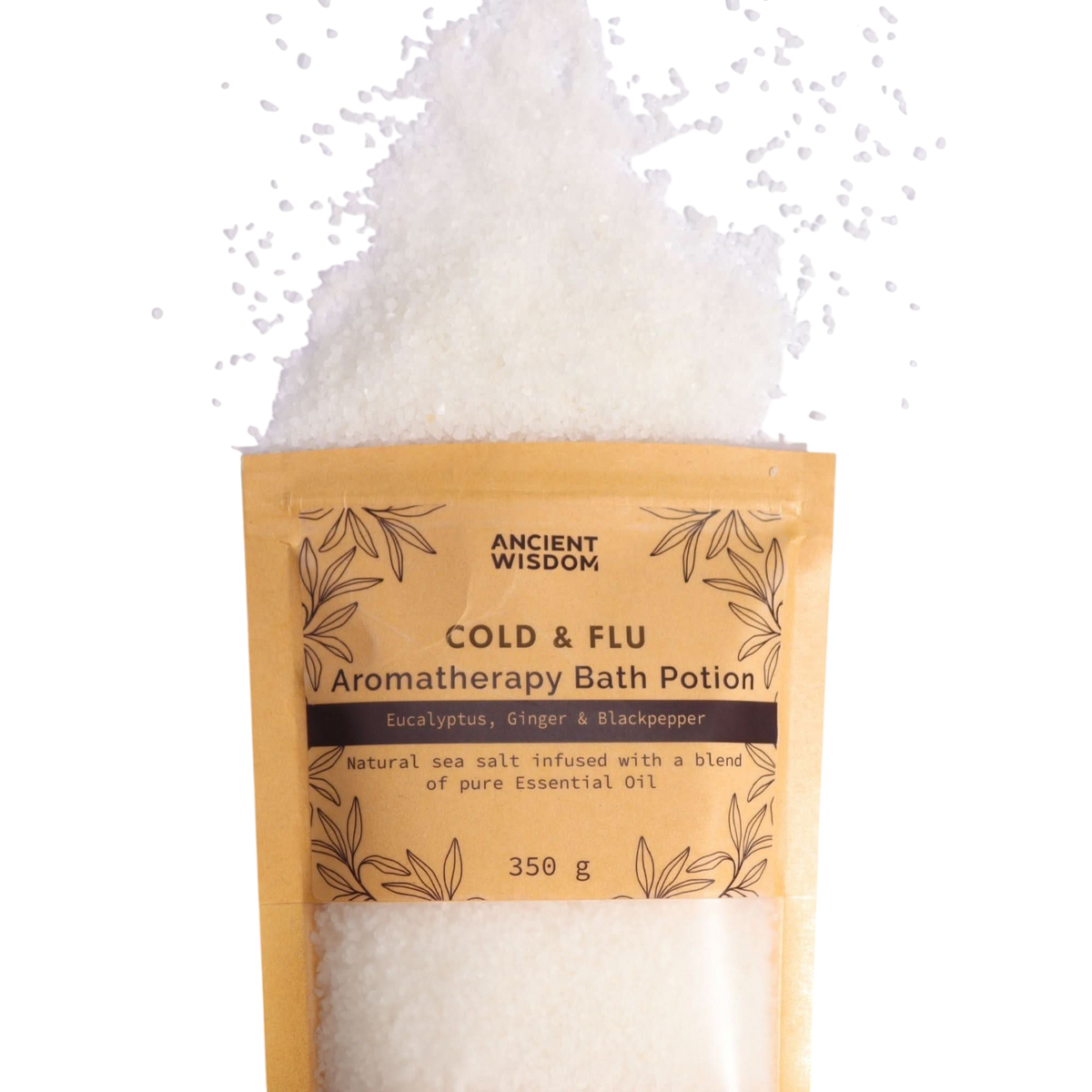 Aromatherapy Bath Potion - Colds & Flu in a kraft paper bag with white mineral-rich sea salt spilled above, featuring eucalyptus, ginger, and black pepper essential oils
