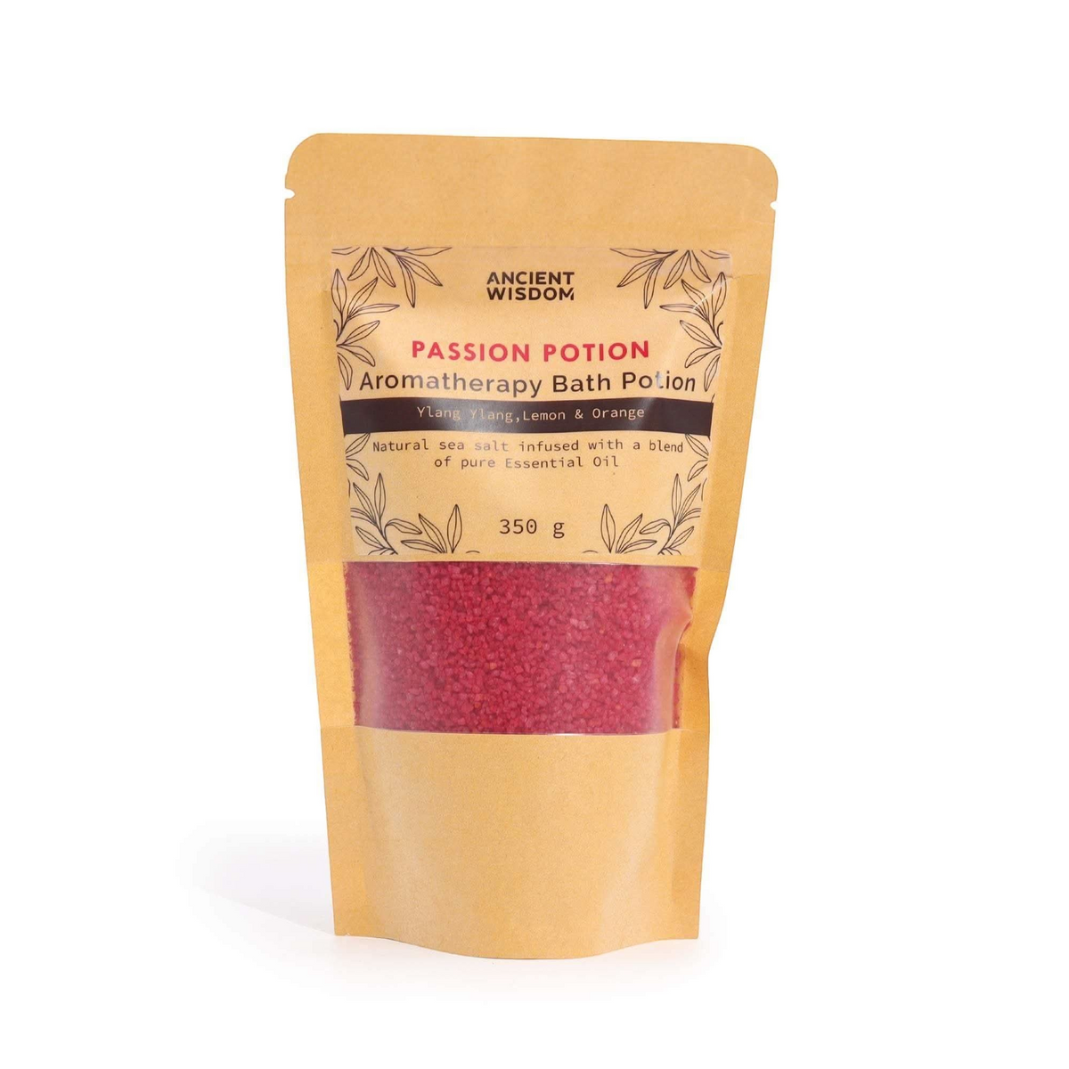 Aromatherapy Bath Potion - Passion in kraft bag with red bath salts and label featuring ylang ylang, lemon, and orange essential oils.
