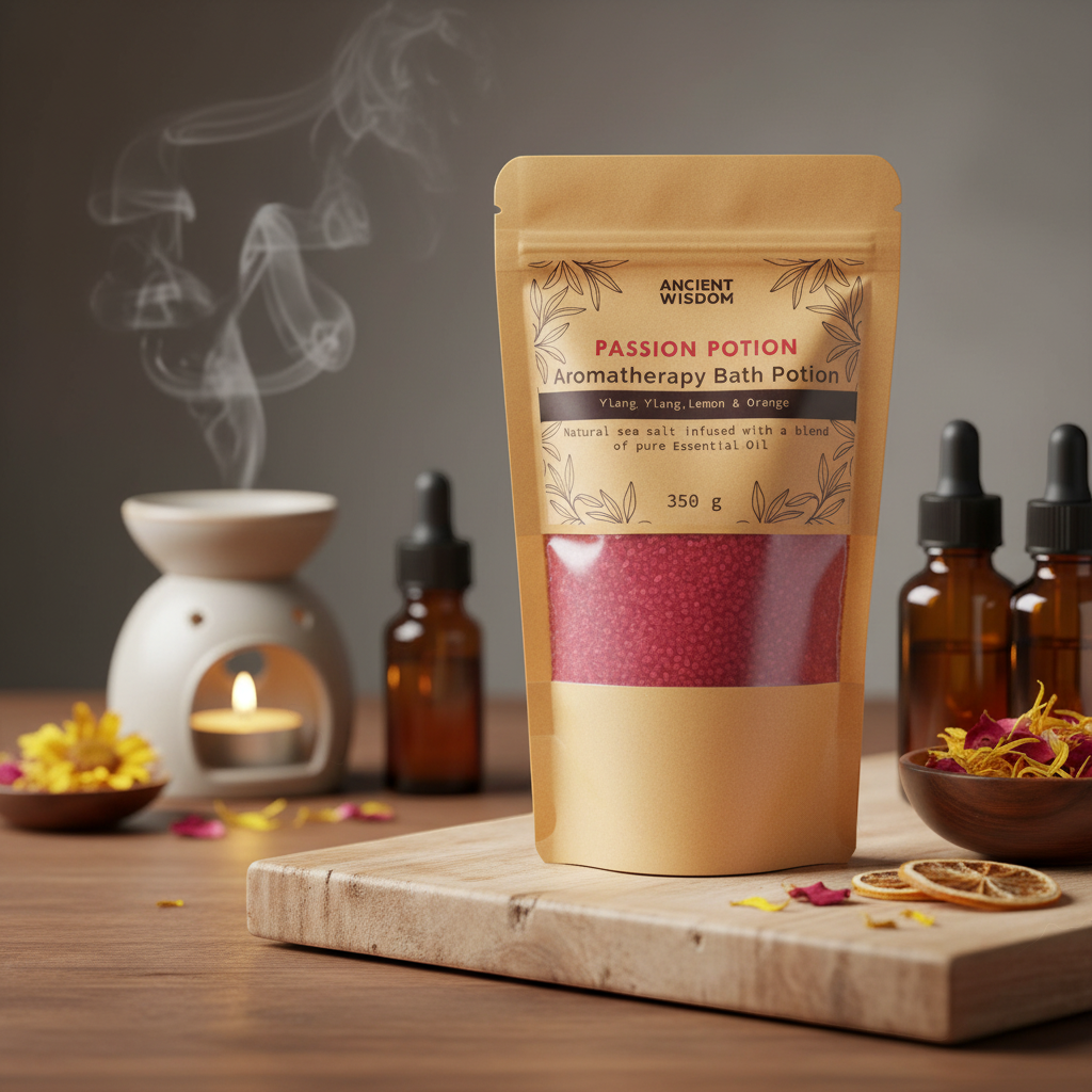Aromatherapy Bath Potion - Passion in a kraft bag with red bath salts, featuring natural essential oils blend and floral decoration