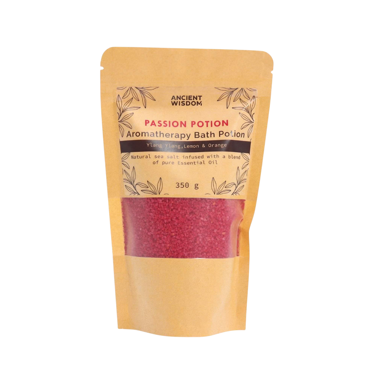 Aromatherapy Bath Potion - Passion in kraft bag with red sea salt and essential oils ylang-ylang, lemon, and orange