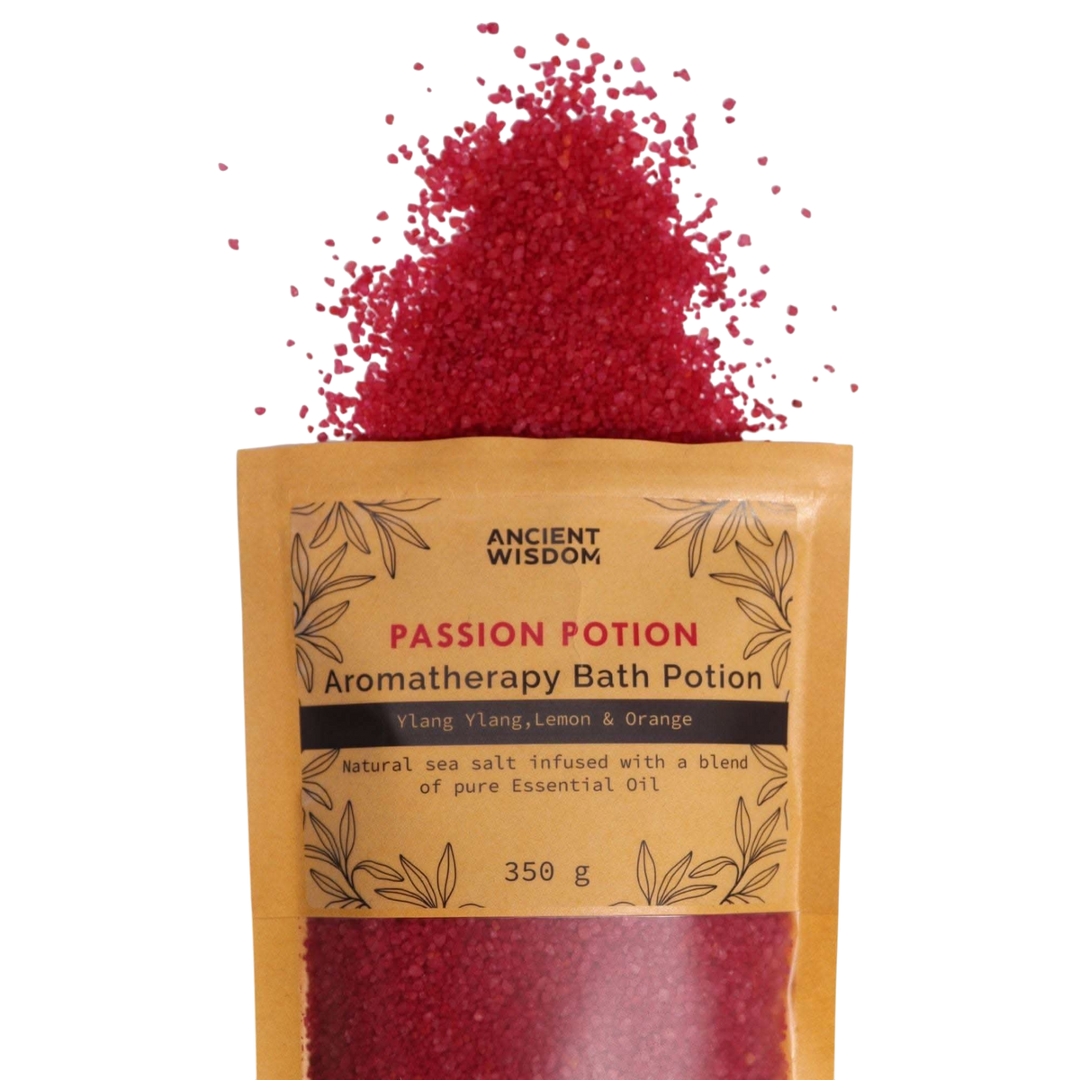 Aromatherapy Bath Potion - Passion in a kraft paper bag with red bath salt crystals spilling out, featuring ylang-ylang, lemon, and orange oils