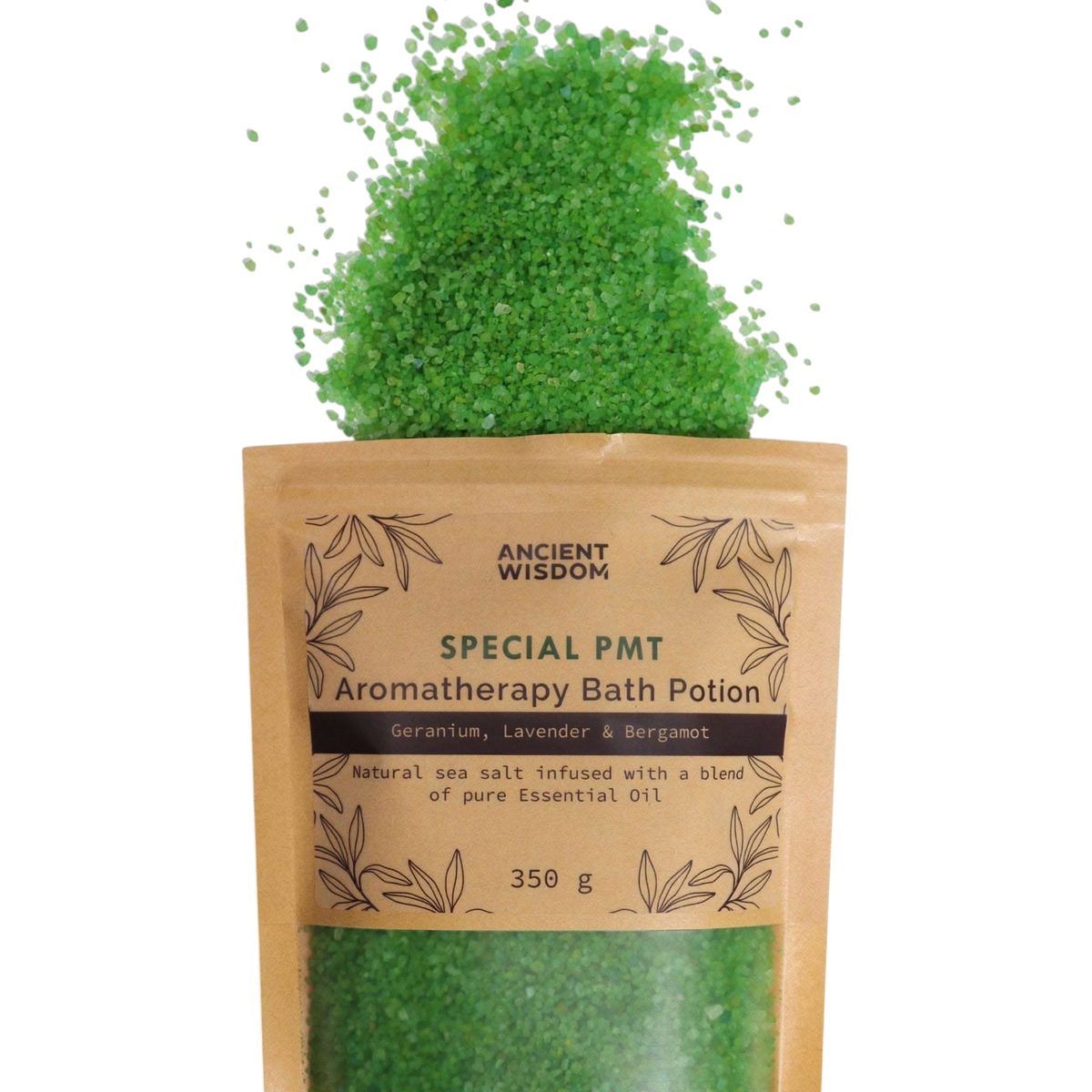 Aromatherapy Bath Potion - PMT green coarse sea salt crystals spilling from a 350g kraft paper bag with botanical design and essential oil blend label