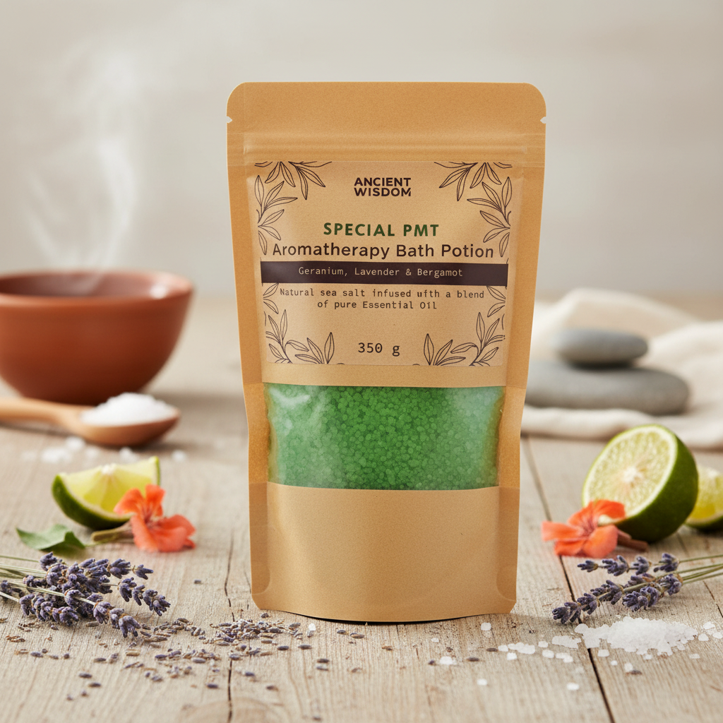 Aromatherapy Bath Potion - PMT in a kraft paper bag with green bath salts visible through a clear window, labeled with essential oils and floral design
