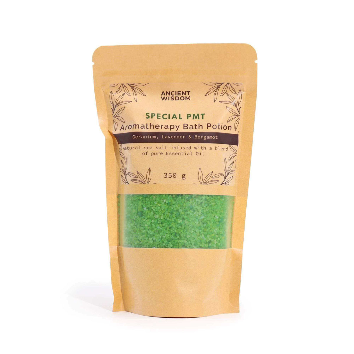 Aromatherapy Bath Potion - PMT in kraft bag with green sea salt, infused with geranium, lavender, and bergamot essential oils