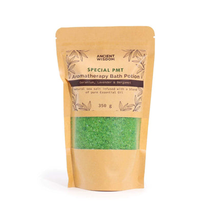 Aromatherapy Bath Potion - PMT in kraft bag with green sea salt, infused with geranium, lavender, and bergamot essential oils