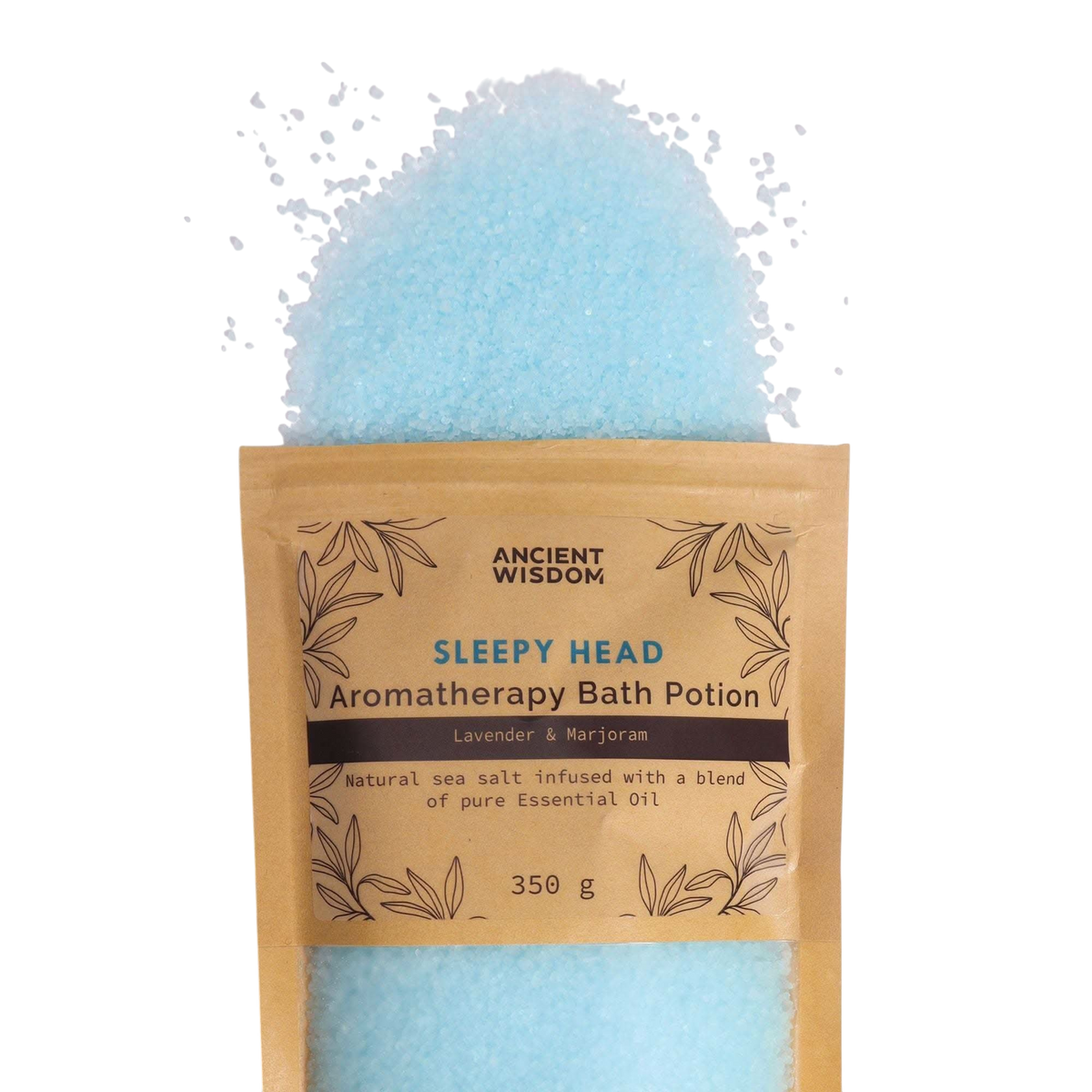 Aromatherapy Bath Potion - Sleepy Head in kraft bag with blue sea salt crystals spilling out, infused with lavender and marjoram