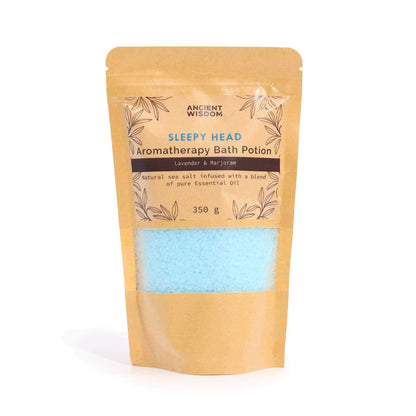 Aromatherapy Bath Potion - Sleepy Head in a kraft paper bag with lavender and marjoram scent, 350g sea salt blend