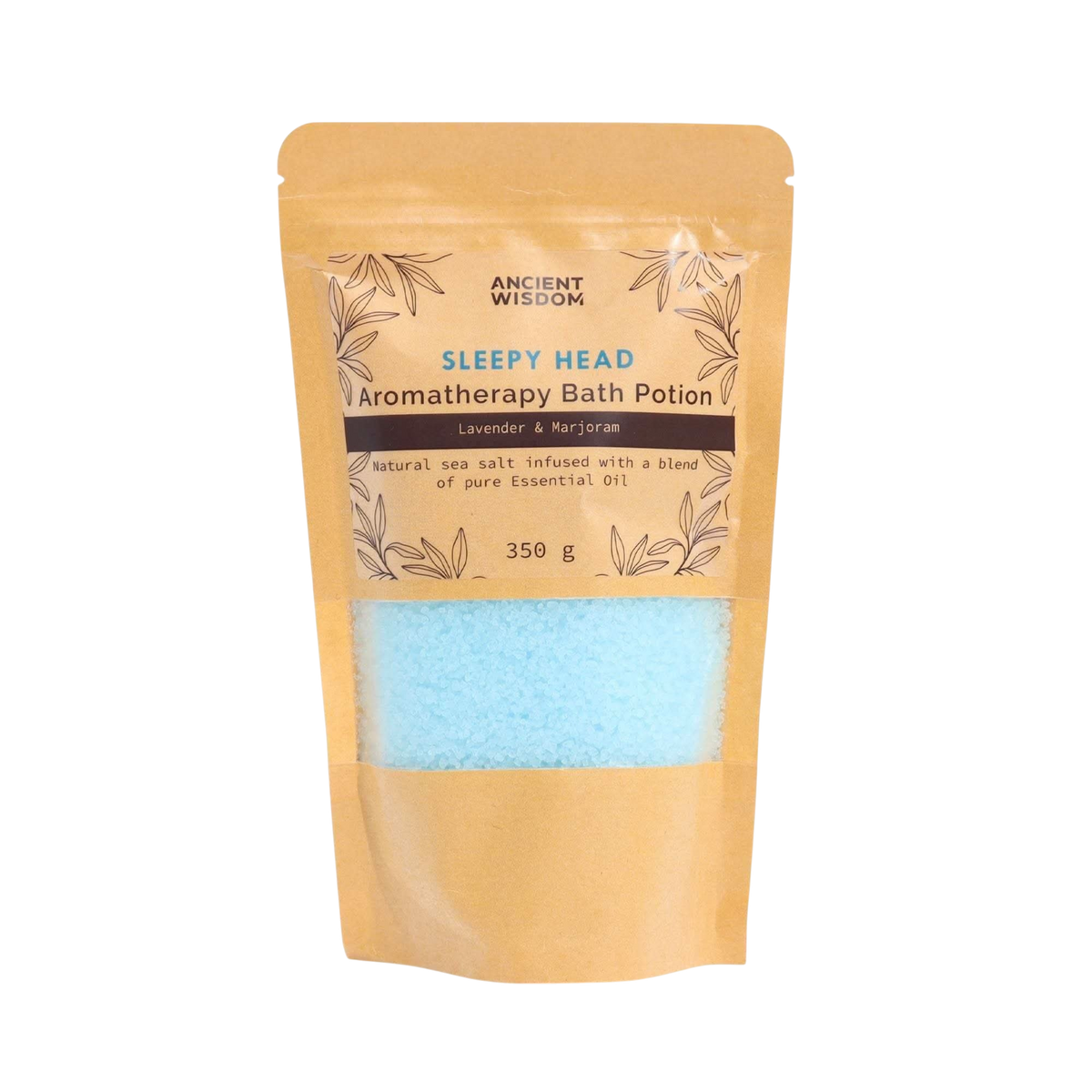 Aromatherapy Bath Potion - Sleepy Head in kraft bag with blue salt crystals infused with lavender and marjoram essential oils