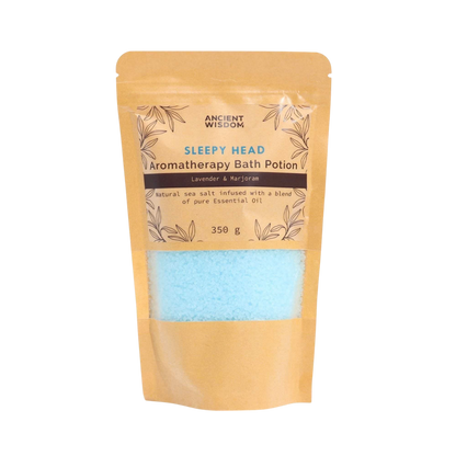 Aromatherapy Bath Potion - Sleepy Head in kraft bag with blue salt crystals infused with lavender and marjoram essential oils