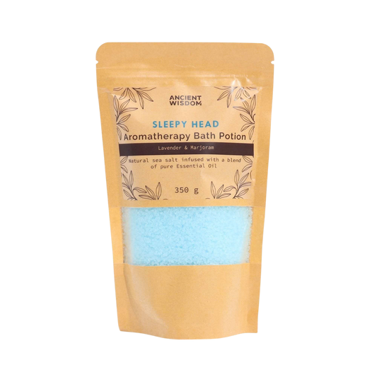 Aromatherapy Bath Potion - Sleepy Head in kraft bag with blue salt crystals infused with lavender and marjoram essential oils