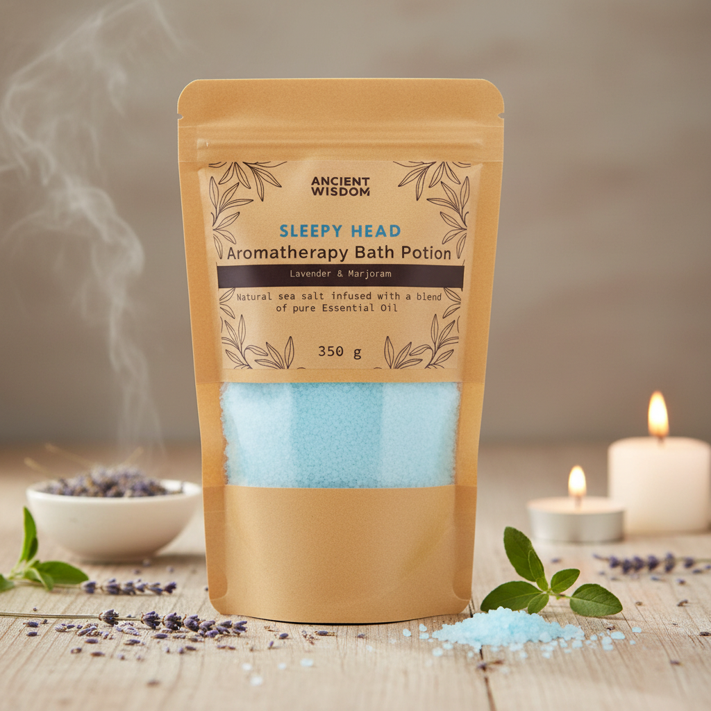 Aromatherapy Bath Potion - Sleepy Head in kraft bag with blue bath salts, labeled with lavender and marjoram on natural packaging