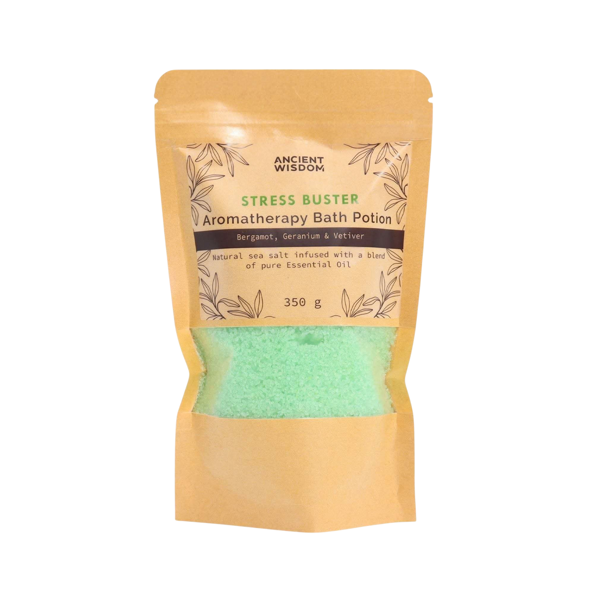 Aromatherapy Bath Potion - Stress Buster in kraft paper bag with green bath salts, bergamot, geranium, and vetiver essential oils blend