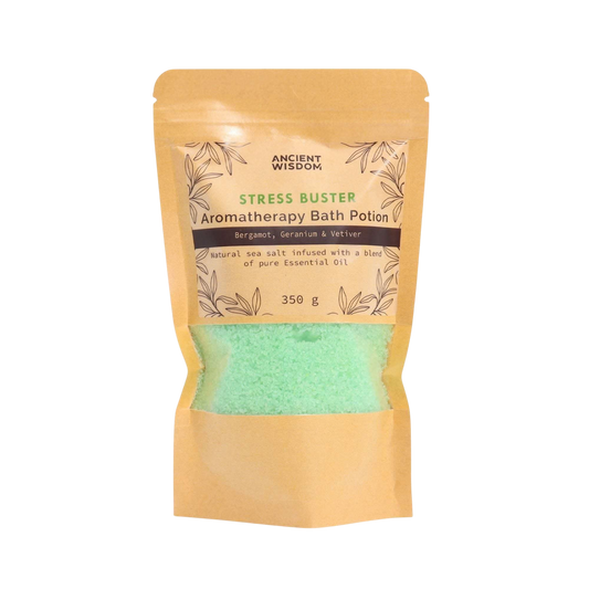 Aromatherapy Bath Potion - Stress Buster in kraft paper bag with green bath salts, bergamot, geranium, and vetiver essential oils blend