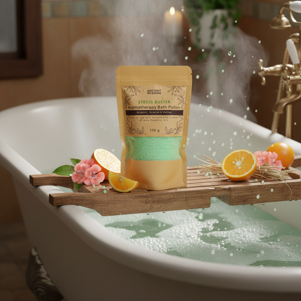 Aromatherapy Bath Potion - Stress Buster in kraft bag with green bath salts placed on wooden tray over a foaming bathtub surrounded by citrus slices and flowers