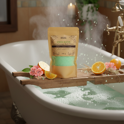 Aromatherapy Bath Potion - Stress Buster in kraft bag with green bath salts placed on wooden tray over a foaming bathtub surrounded by citrus slices and flowers