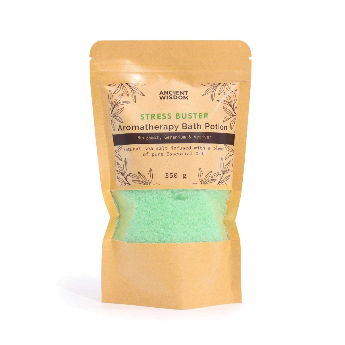 Aromatherapy Bath Potion - Stress Buster in a kraft paper bag with green bath salts and natural essential oil blend label