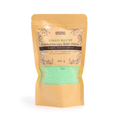 Aromatherapy Bath Potion - Stress Buster in a kraft paper bag with green bath salts and natural essential oil blend label