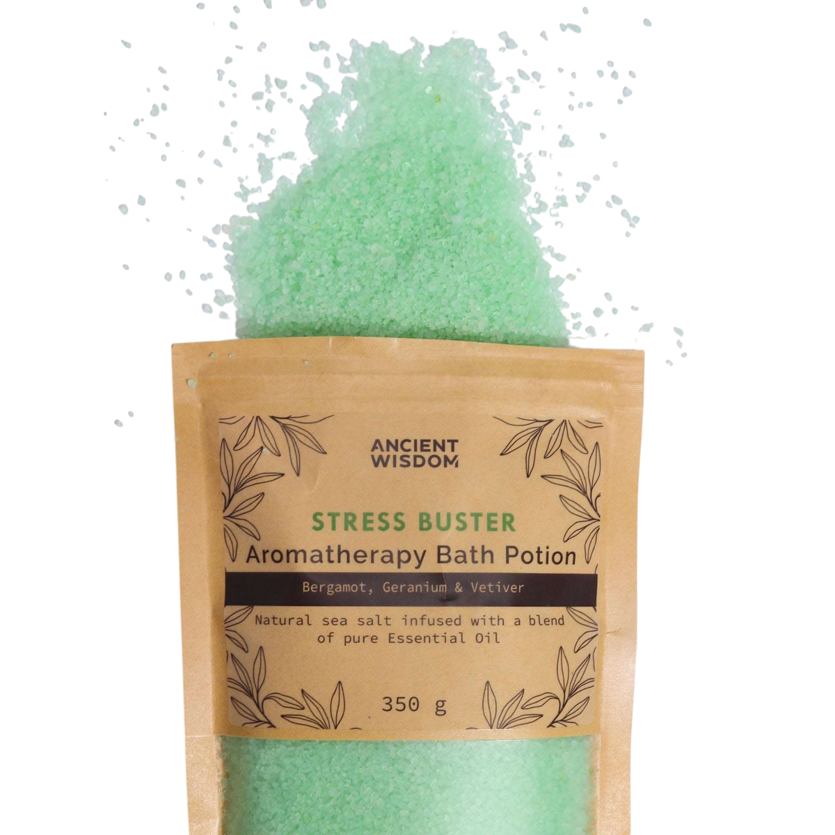 Aromatherapy Bath Potion - Stress Buster in kraft paper bag with natural sea salt crystals infused with essential oils spilling out