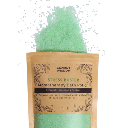 Aromatherapy Bath Potion - Stress Buster in kraft paper bag with natural sea salt crystals infused with essential oils spilling out