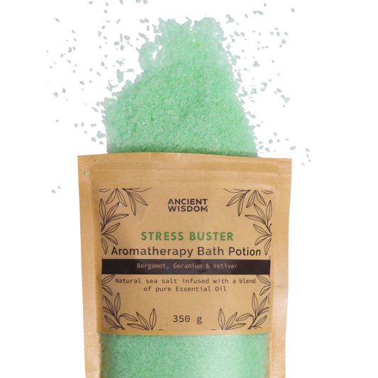 Aromatherapy Bath Potion - Stress Buster in kraft paper bag with natural sea salt crystals infused with essential oils spilling out