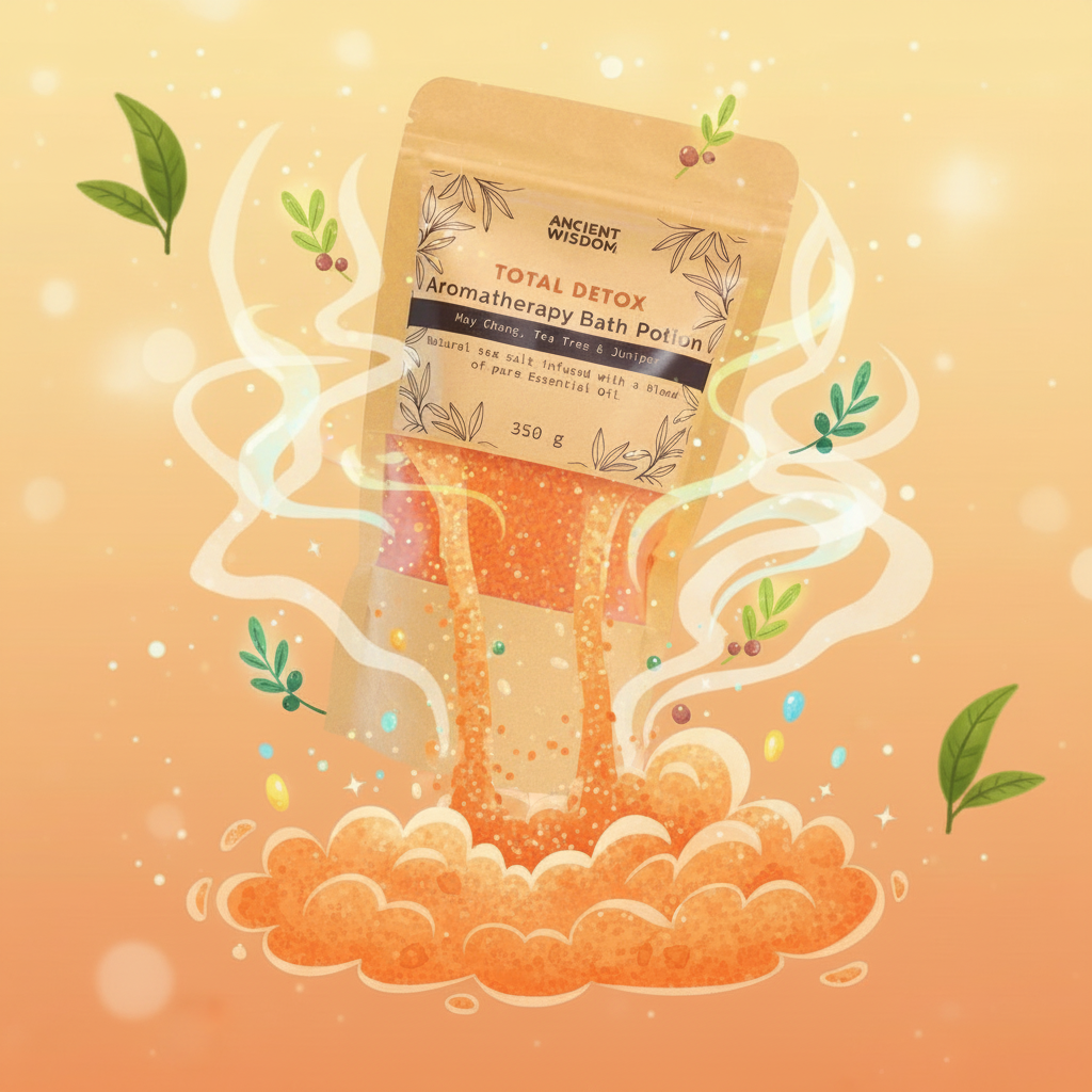 Aromatherapy Bath Potion - Total Detox in a kraft bag with orange mineral sea salt granules spilling out among illustrated green leaves and steam