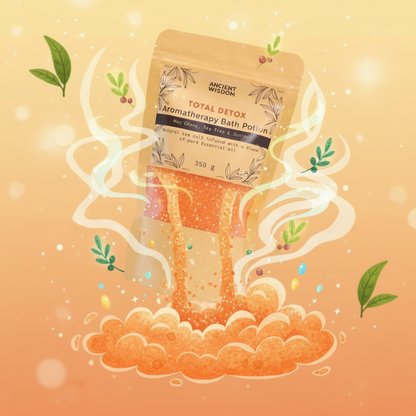 Aromatherapy Bath Potion - Total Detox in a kraft bag with orange mineral sea salt granules spilling out among illustrated green leaves and steam