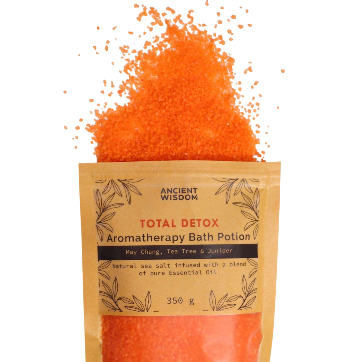 Aromatherapy Bath Potion - Total Detox in natural kraft bag with orange mineral-rich sea salt crystals and essential oil blend