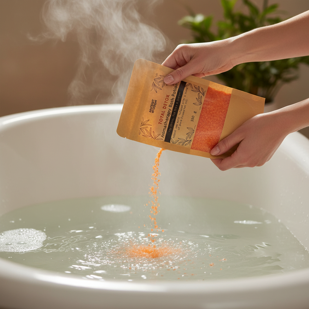 Aromatherapy Bath Potion - Total Detox in a kraft bag pouring orange bath salts into steaming water in a white bathtub