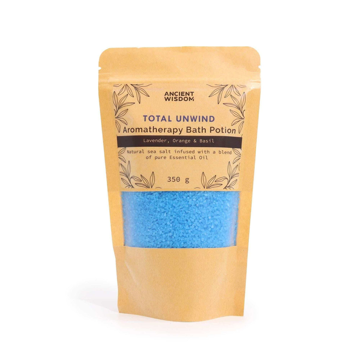 Aromatherapy Bath Potion - Total Unwind in a kraft paper bag containing blue bath salts with lavender, orange, and basil essential oils