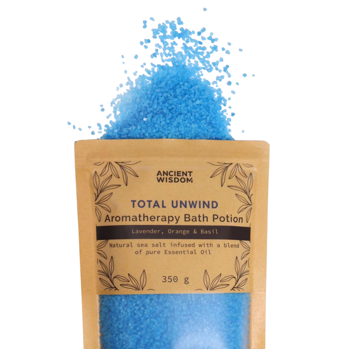 Aromatherapy Bath Potion - Total Unwind in kraft bag with blue natural sea salt infused with lavender, orange, and basil essential oils