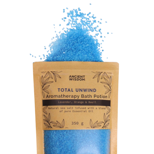 Aromatherapy Bath Potion - Total Unwind in kraft bag with blue natural sea salt infused with lavender, orange, and basil essential oils