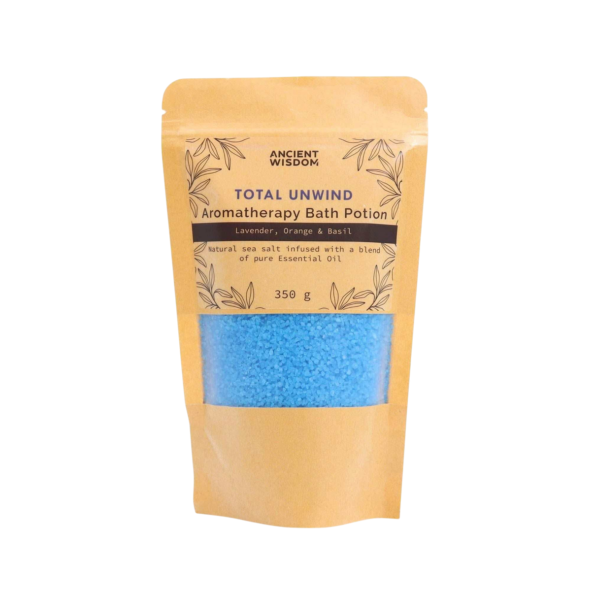 Aromatherapy Bath Potion - Total Unwind in kraft paper bag with blue bath salt grains visible, featuring lavender, orange, and basil essential oils