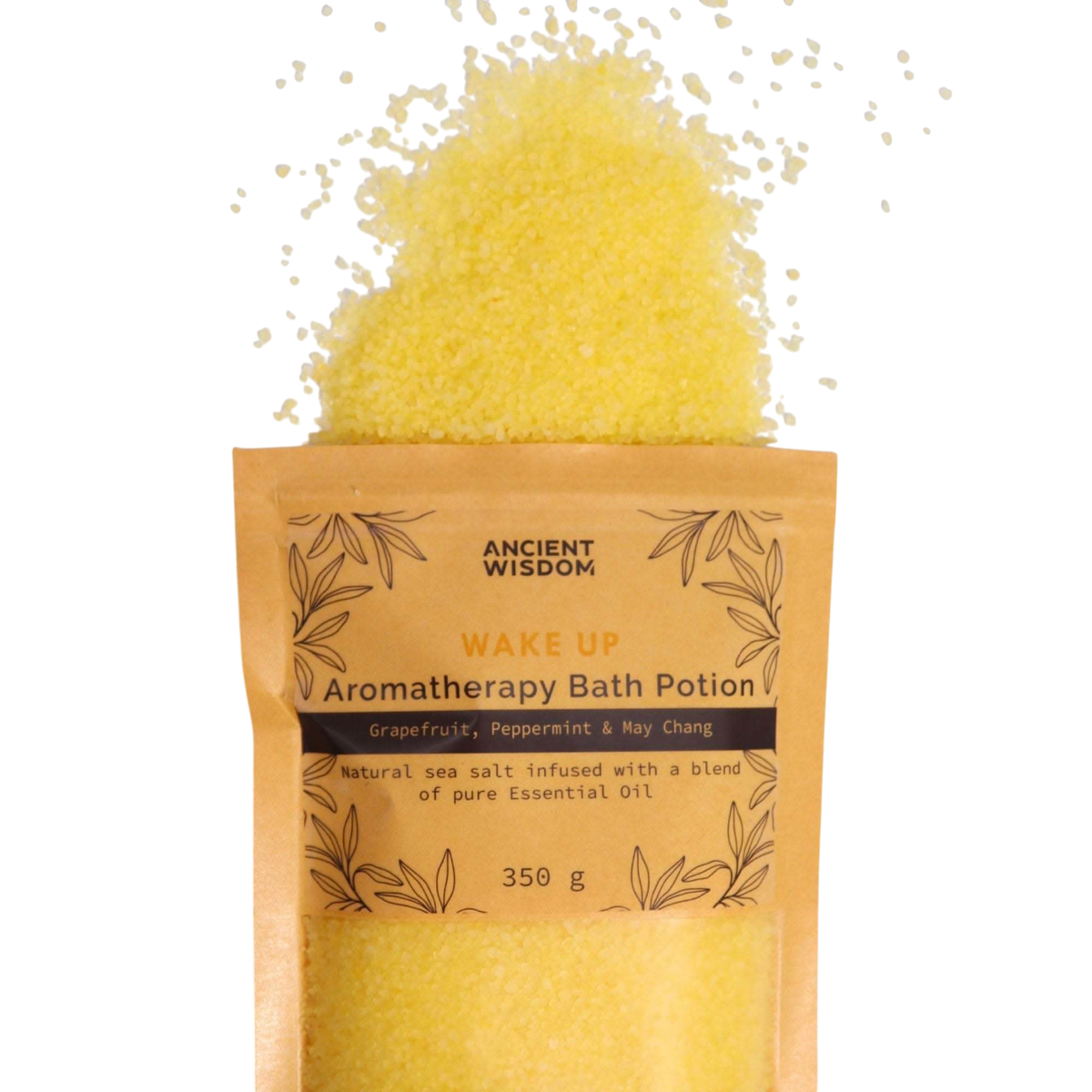 Aromatherapy Bath Potion - Wake Up in kraft paper bag with yellow sea salt granules infused with essential oils